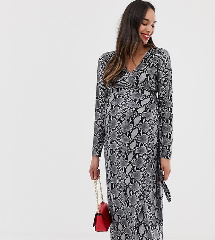 New Look Maternity Wrap Long Sleeve Midi Dress In Snake Print