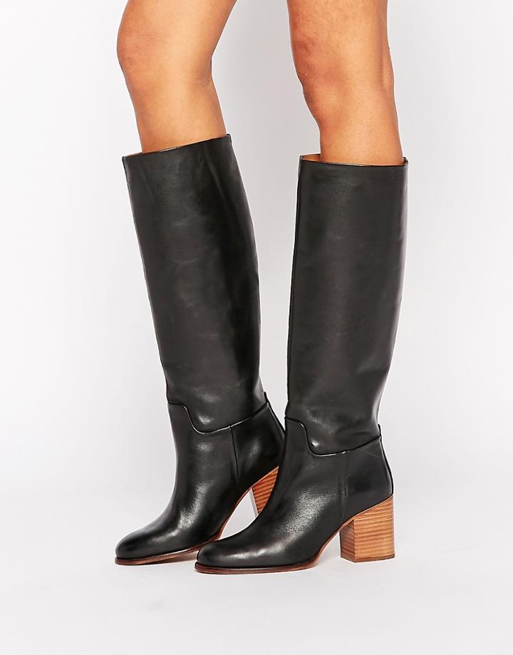 Mango Leather Knee High Boots - Black
