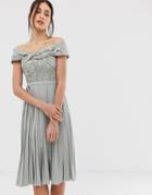 Little Mistress Cross Front Lace Top Midi Pleated Skater Dress In Waterlily-gray