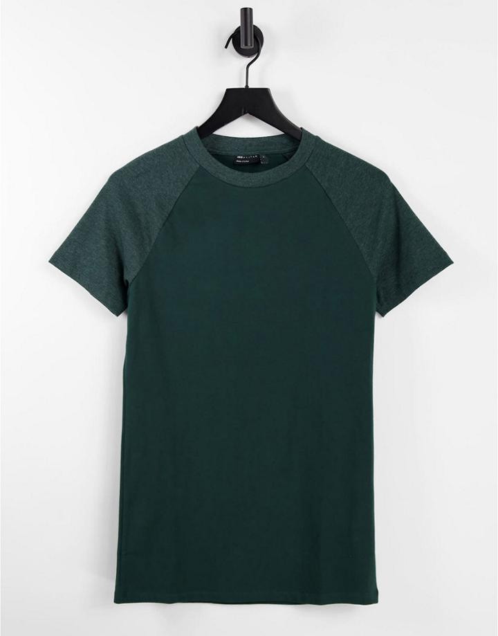 Asos Design Green Muscle Fit Raglan T-shirt With Contrast Sleeves In Dark Heather