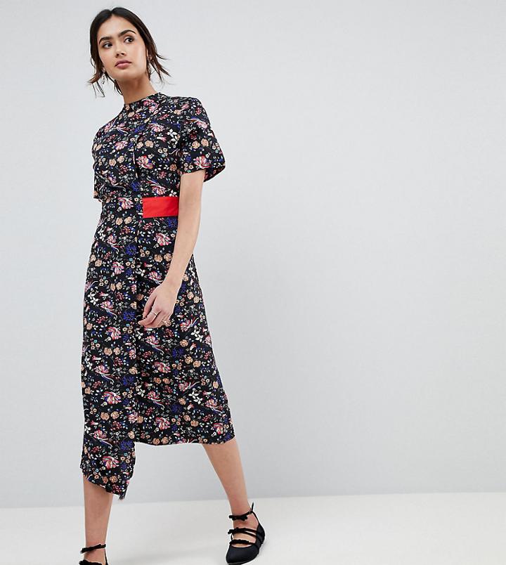 Influence Tall High Neck Floral Asymmetric Wrap Dress With Contrast Tab - Multi