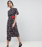 Influence Tall High Neck Floral Asymmetric Wrap Dress With Contrast Tab - Multi