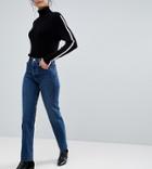 Asos Tall Florence Authentic Straight Leg High Waisted Jeans In Dark Stone Wash With Raw Hem Detail-blue