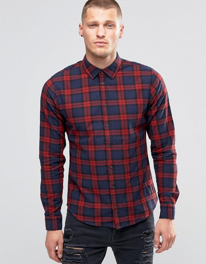 Blend Slim Check Shirt Wood Red - Red