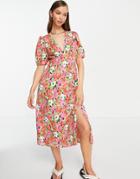 Vila Midi Tea Dress With V Neck In Bright Floral-multi