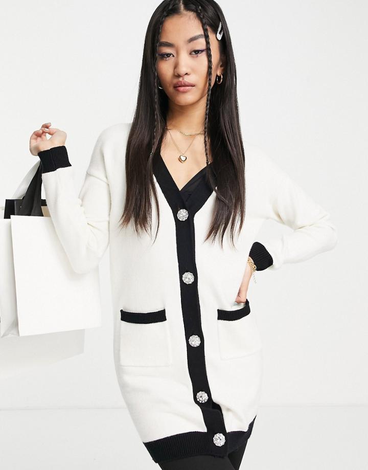 Miss Selfridge Cream Contrast Detail Button Longline Cardigan-white