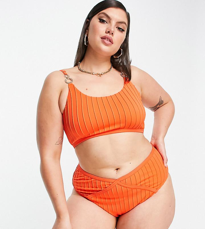 River Island Plus High Leg Bikini Bottoms In Orange