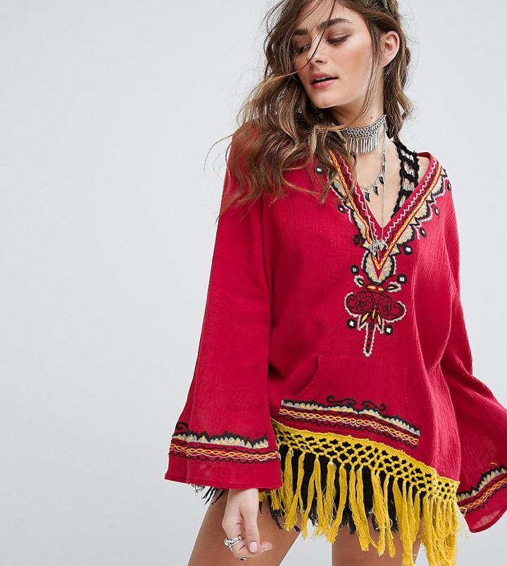 Sacred Hawk Festival Oversized Baja Hoodie With Intricate Embroidery And Tassel Trim - Red