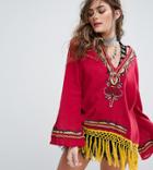 Sacred Hawk Festival Oversized Baja Hoodie With Intricate Embroidery And Tassel Trim - Red