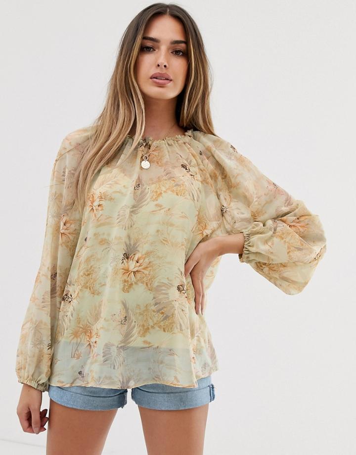 Asos Design Long Sleeve Sheer Smock Top In Hawaiian Print-multi