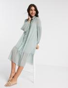 River Island Long Sleeve Ruffle Smock Midi Dress In Sage Green