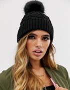 Asos Design Cable Faux Fur Pom Beanie In Recycled Polyester In Black