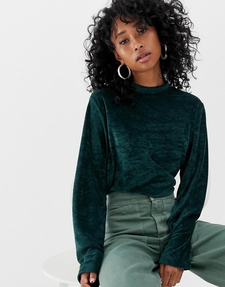 Weekday Velour Sweatshirt In Dark Green - Blue