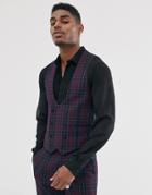 Devils Advocate Skinny Fit Berry Plaid Check Suit Jacket Suit Vest-navy