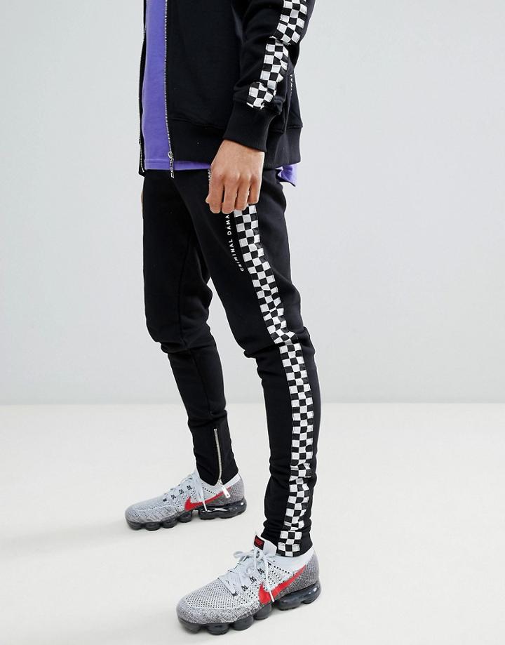Criminal Damage Skinny Joggers With Checkerboard Stripe - Black