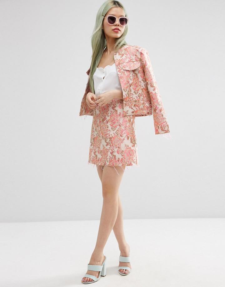 Asos Jacquard A-line Mini Skirt With Raw Edge Co-ord - Pink Jacquard