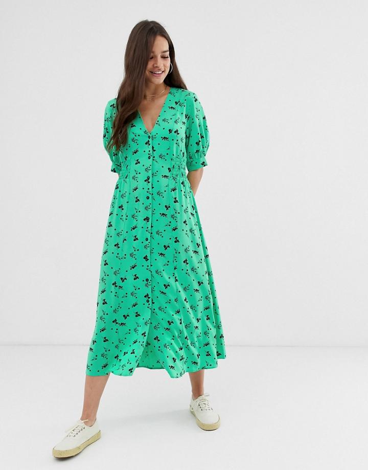 Asos Design Button Through Midi Tea Dress With Shirred Waist In Floral Print-multi