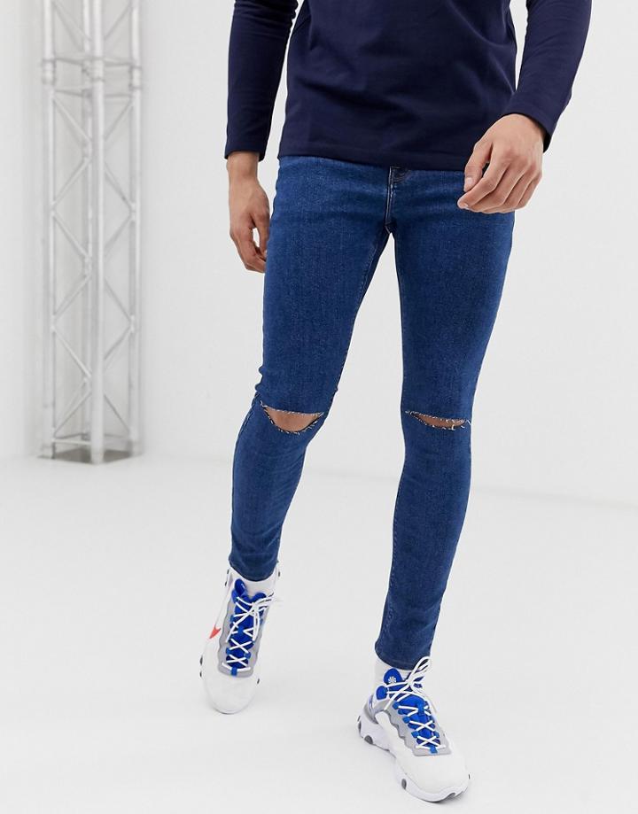 Asos Design Spray On Jeans In Powerstretch Open End Blue With Knee Rips - Blue