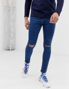 Asos Design Spray On Jeans In Powerstretch Open End Blue With Knee Rips - Blue