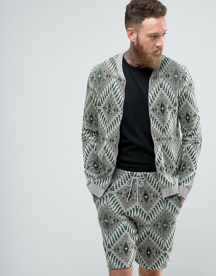 Asos Knitted Bomber Jacket With Tapestry Design - Green