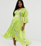 Liquorish Plus Kimono Midi Dress In Mixed Print Yellow Floral - Yellow
