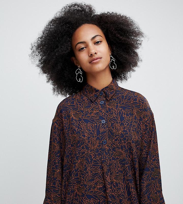 Monki Hand Drawn Flower Print Shirt Dress In Navy - Blue