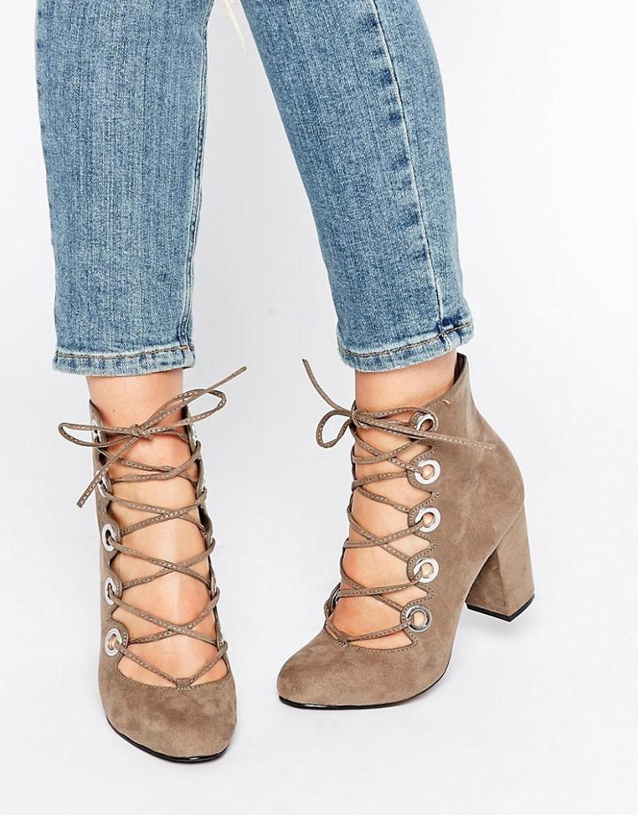 Office Mission Eyelet Tie Up Mid Heeled Shoes - Gray