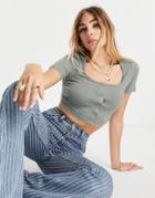 Asos Design Fitted Crop Top With Snap Front In Khaki-green