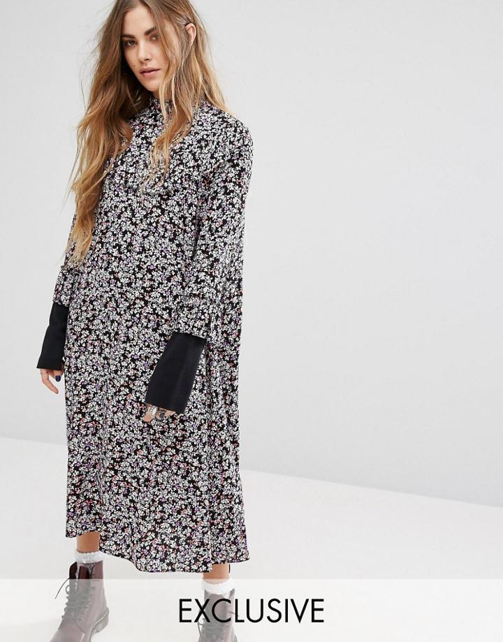 Reclaimed Vintage Smock Dress With Jersey Sleeves - Black