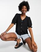 New Look Button Through Blouse With Sleeve Detail In Black