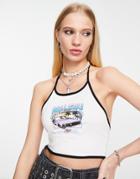 Asos Design Halter Neck Top With Malibu Race Car Graphic Print In White