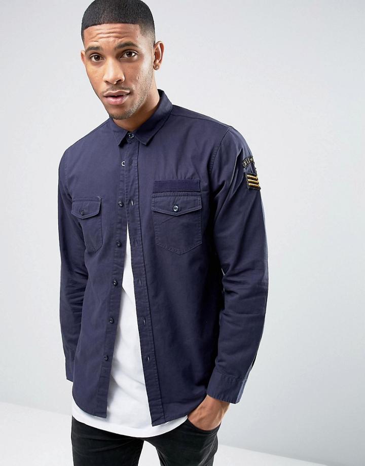 Brave Soul Military Arm Badge Shirt - Navy