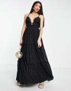 Asos Design Button Through Tiered Maxi Dress With Lace Trim Detail In Black