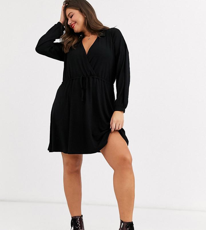 Asos Design Curve Long Sleeve Mini Wrap Dress In Black