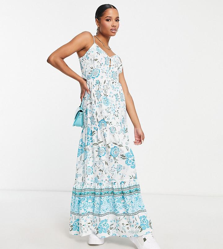 Parisian Petite Floral Maxi Dress With Border Print-blue
