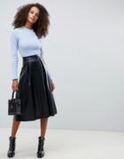 Asos Design Leather Look Full Midi Skirt With Box Pleats - Black