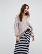 Moon River V Neck Cable Sweater - Gray