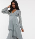 Asos Design Maternity Embellished Wrap Waist Midi Dress With Double Layer Skirt And Long Sleeve In Dusty Blue-blues