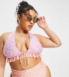 Asos Design Curve Halter Frill Bikini Top In Mixed Ditsy Floral Print-multi