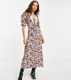 Asos Design Petite Lace Trim Midi Tea Dress In Black And Red Floral-multi