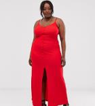 Asos Design Curve Textured Button Through Cami Maxi Dress - Red
