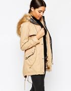 Lipsy Classic Parka With Faux Fur Hood - Camel