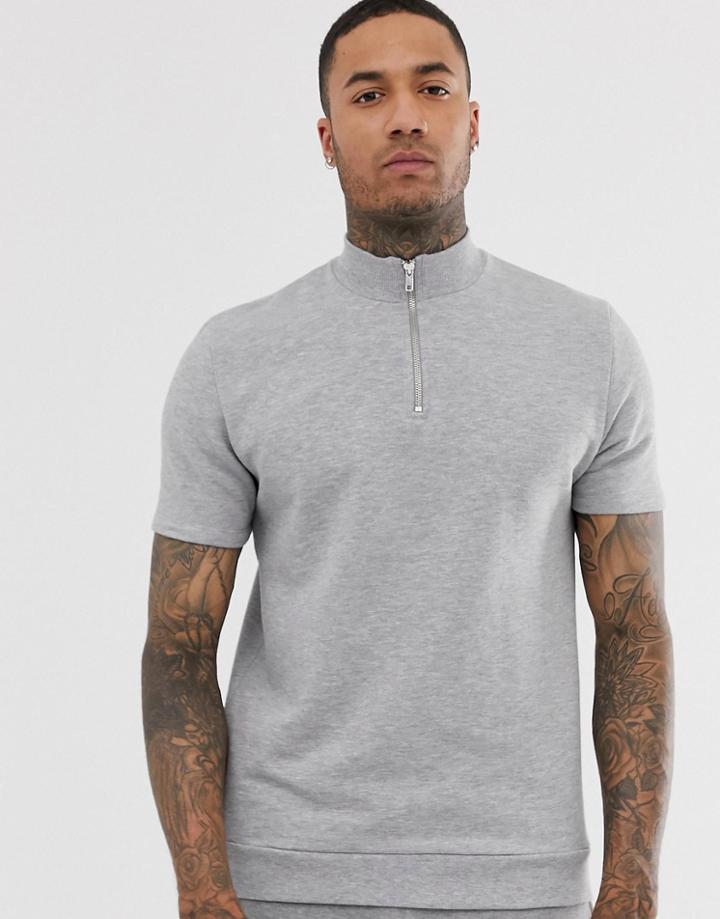 Asos Design Short Sleeve Sweatshirt With Half Zip In Gray Marl - Gray