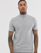 Asos Design Short Sleeve Sweatshirt With Half Zip In Gray Marl - Gray