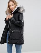Amy Lynn Parka With Faux Fur Hood & Pocket Detail - Black