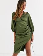 Asos Design Copenhagen Midi Dress In Satin With Cuff Detail And Contrast Straps