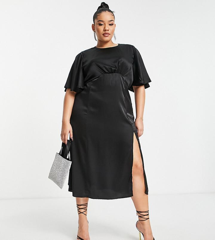 Ax Paris Plus Flutter Sleeve Midi Dress In Black Satin
