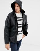 Asos Design Reversible Faux Shearling Jacket With Hood In Black - Black