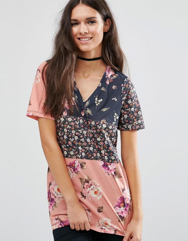 Asos T-shirt In Spliced Floral Print - Multi