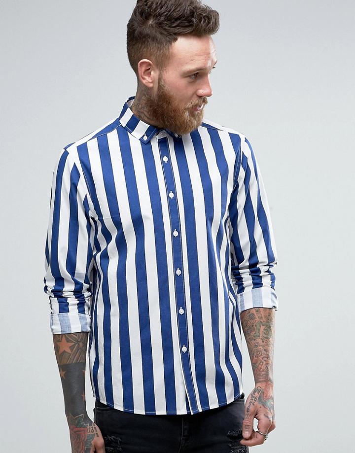 Asos Regular Fit Stripe Shirt In Blue - Blue